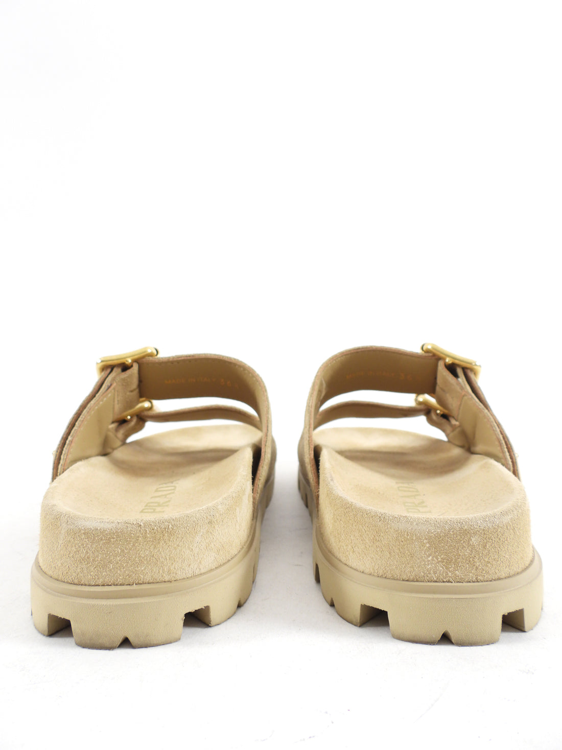 Prada Double Buckle Beige Suede Flat Slide Sandals - 36.5 (fits like 37)