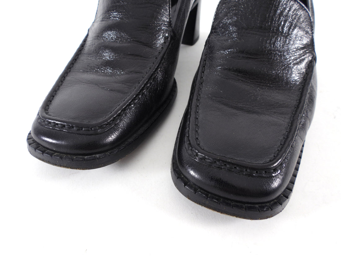 Prada Black Glossed Leather Block Heel Loafers - 39.5