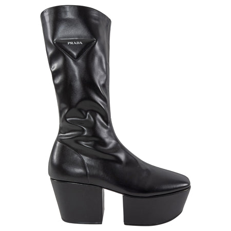 Prada Black Stretch Nappa Leather Platform Block Heel Boots - 37