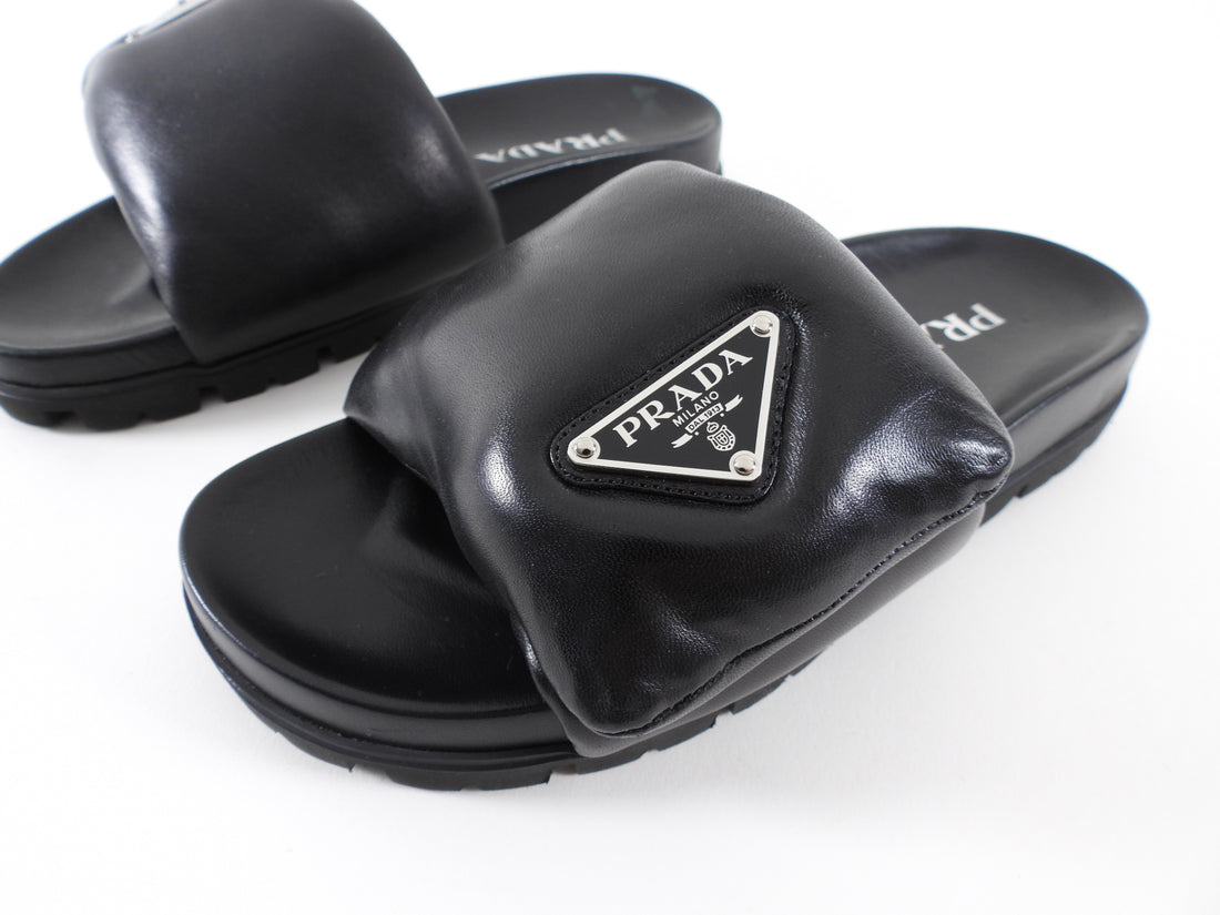 Prada Black Lambskin Leather Padded Slide Sandals - 36