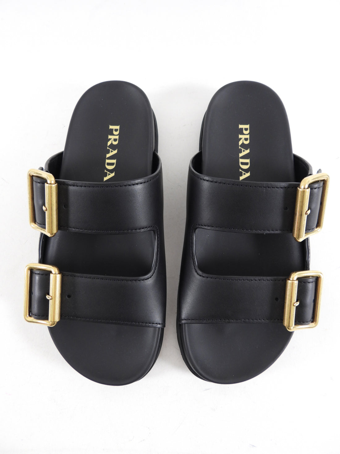 Prada Double Buckle Black Leather Flat Slide Sandals - 36.5 (fits like 37)