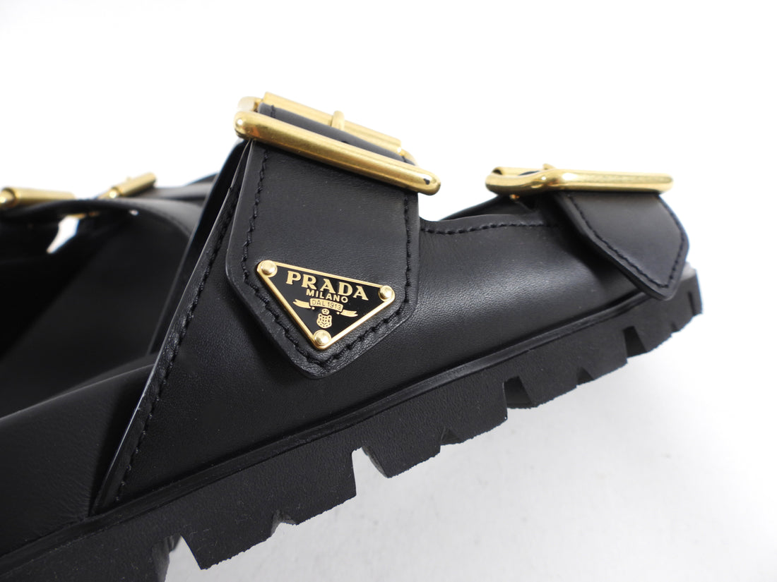 Prada Double Buckle Black Leather Flat Slide Sandals - 36.5 (fits like 37)