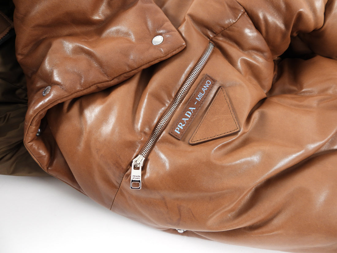 Prada Brown Leather Oversized Puffer Jacket - M – I MISS YOU VINTAGE