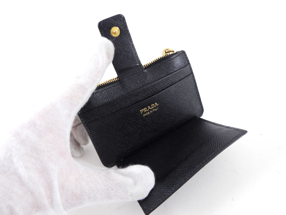 Prada Black Saffiano Leather Zip Top Compact Wallet / Card Holder