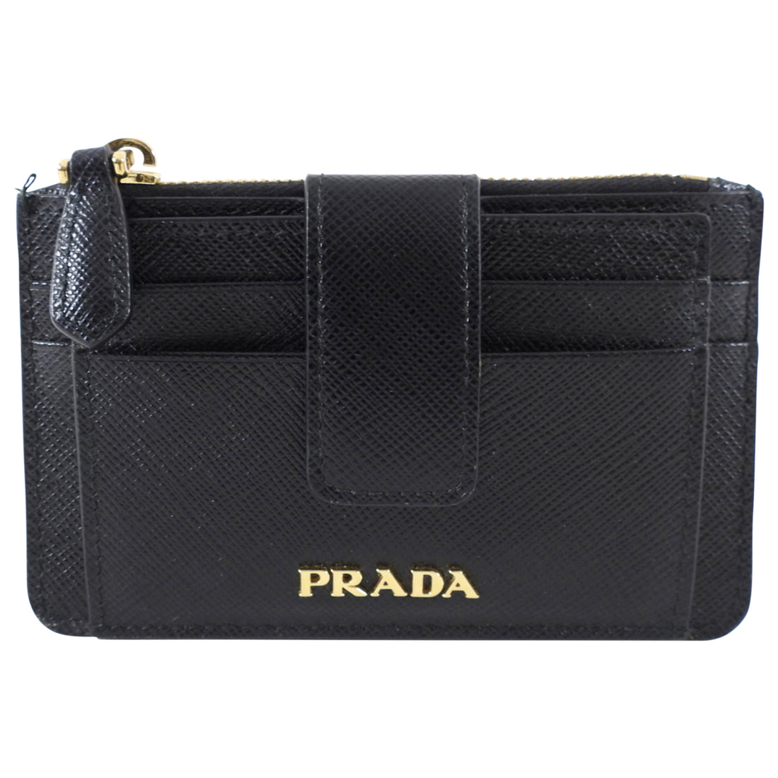 Prada Black Saffiano Leather Zip Top Compact Wallet / Card Holder