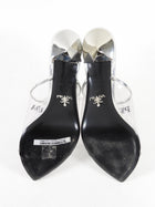 Prada Silver Metallic Patent Leather and PVC Triangle Logo Pointed Mules - 37