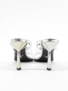Prada Silver Metallic Patent Leather and PVC Triangle Logo Pointed Mules - 37