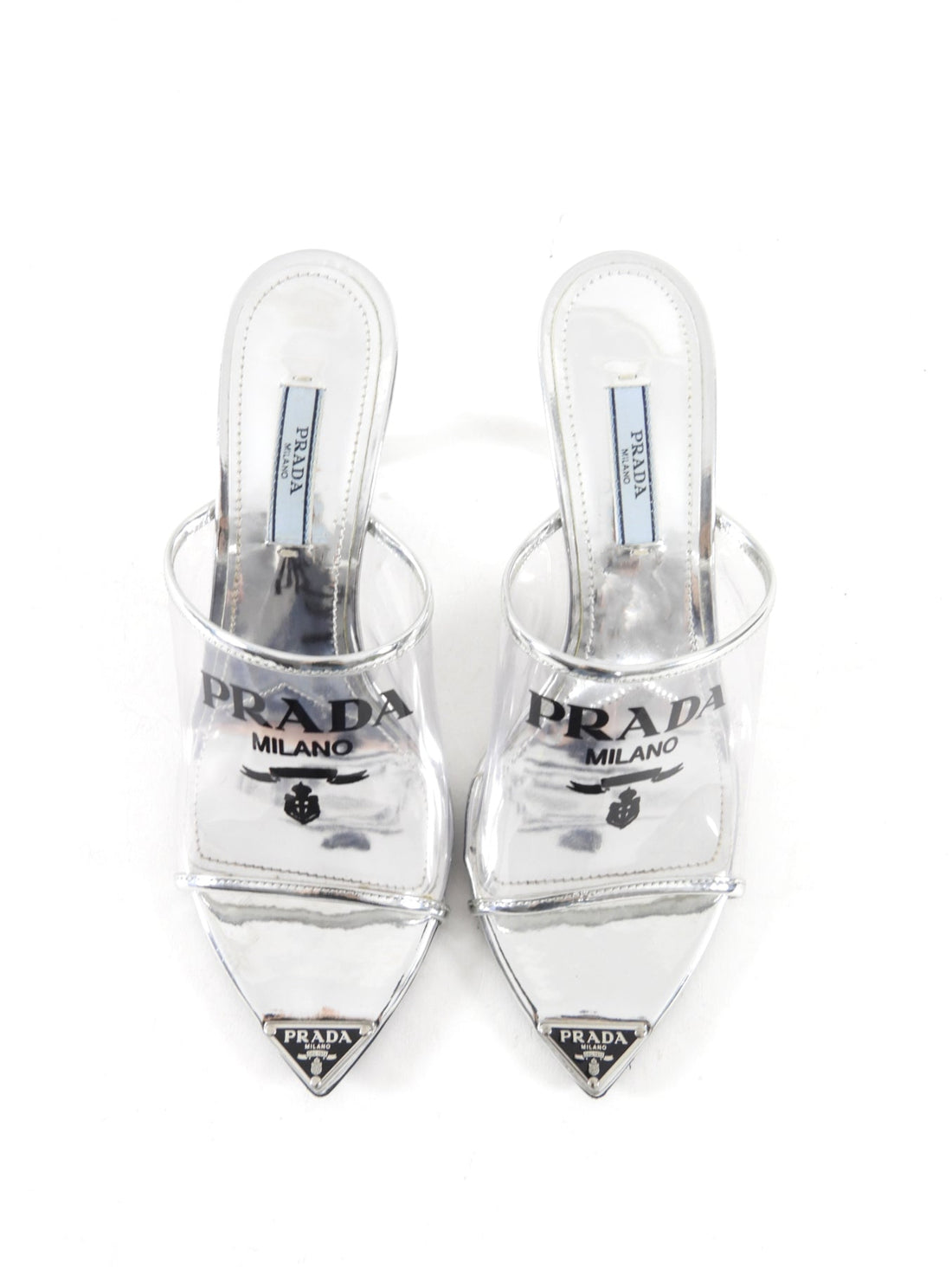 Prada Silver Metallic Patent Leather and PVC Triangle Logo Pointed Mules - 37