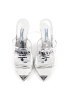 Prada Silver Metallic Patent Leather and PVC Triangle Logo Pointed Mules - 37