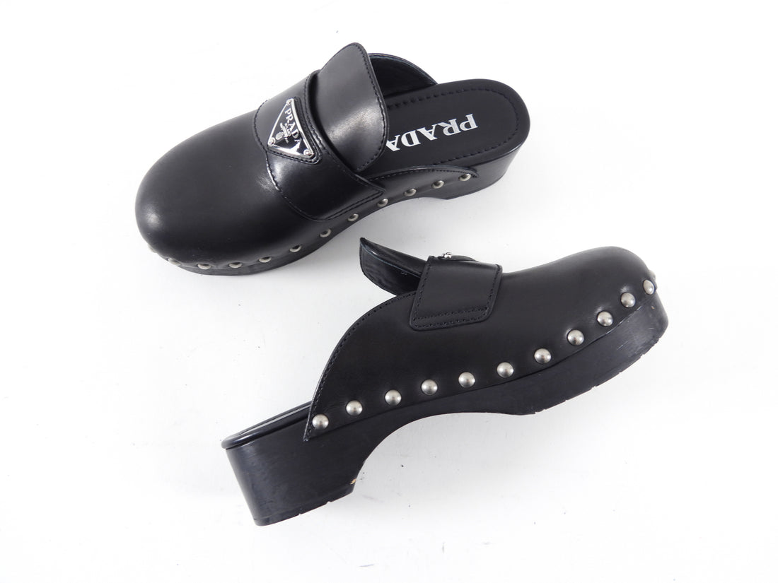 Prada Black Leather Studded Triangle Logo Clogs - 36