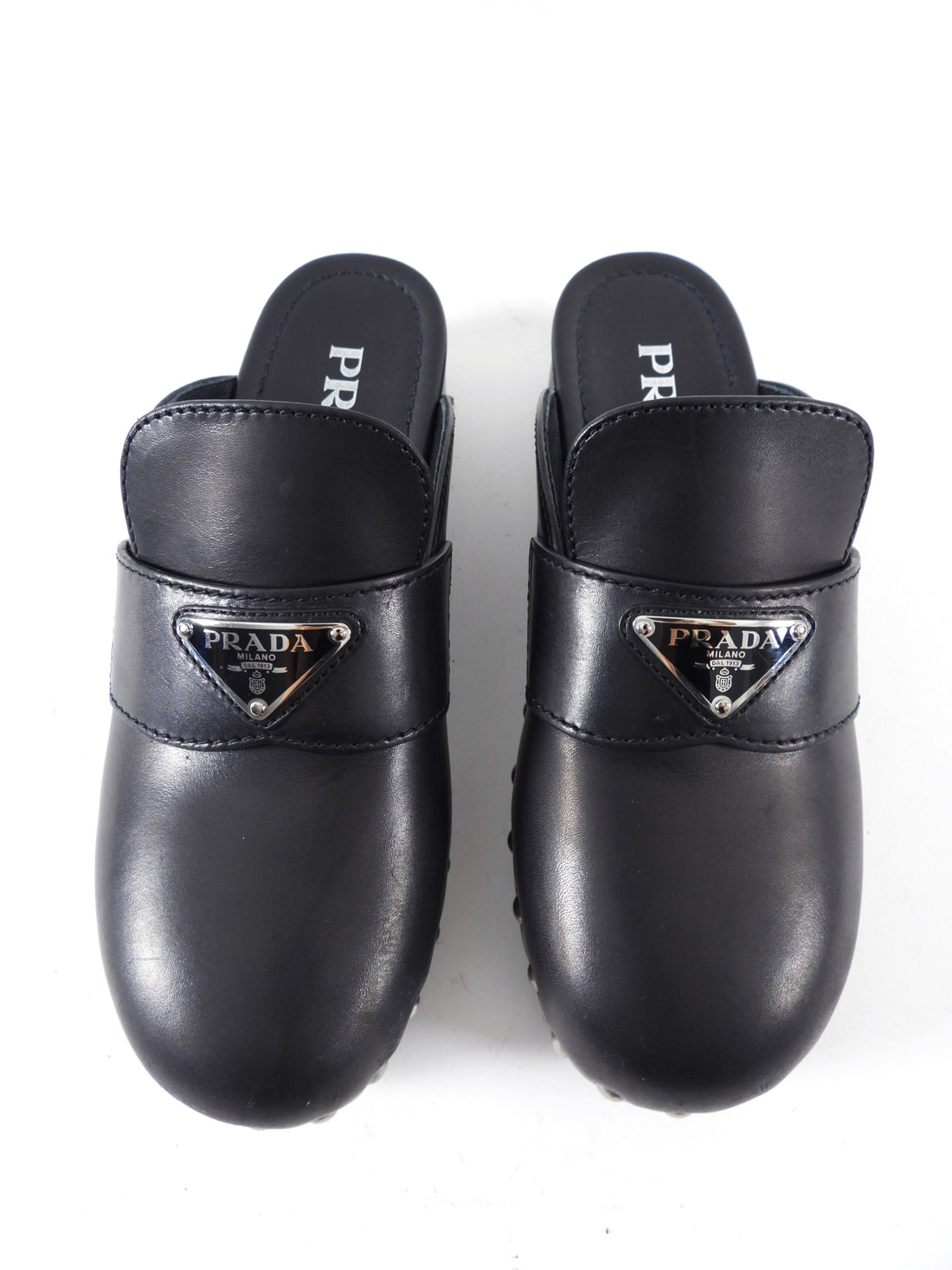 Prada Black Leather Studded Triangle Logo Clogs - 36