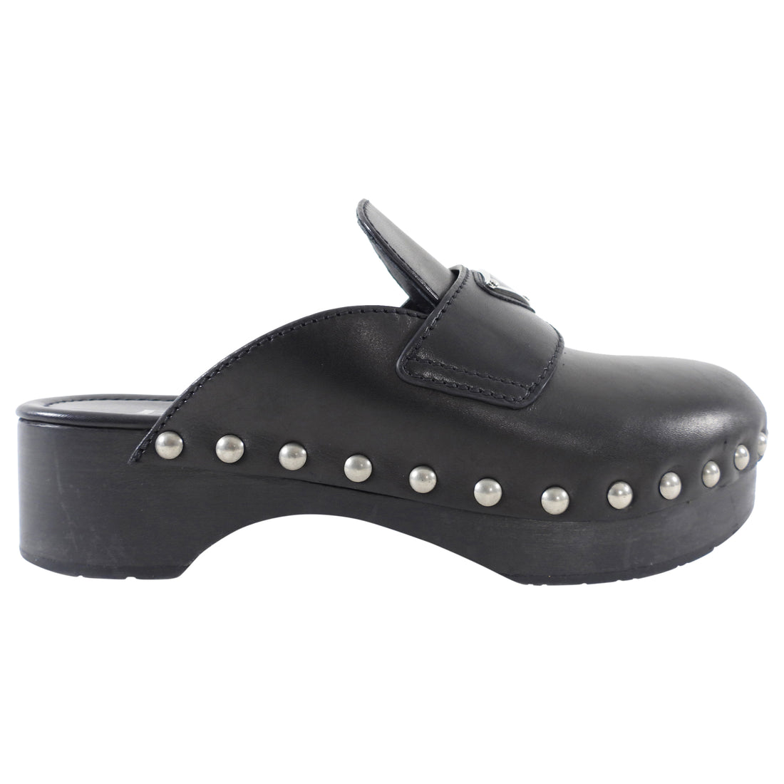 Prada Black Leather Studded Triangle Logo Clogs - 36