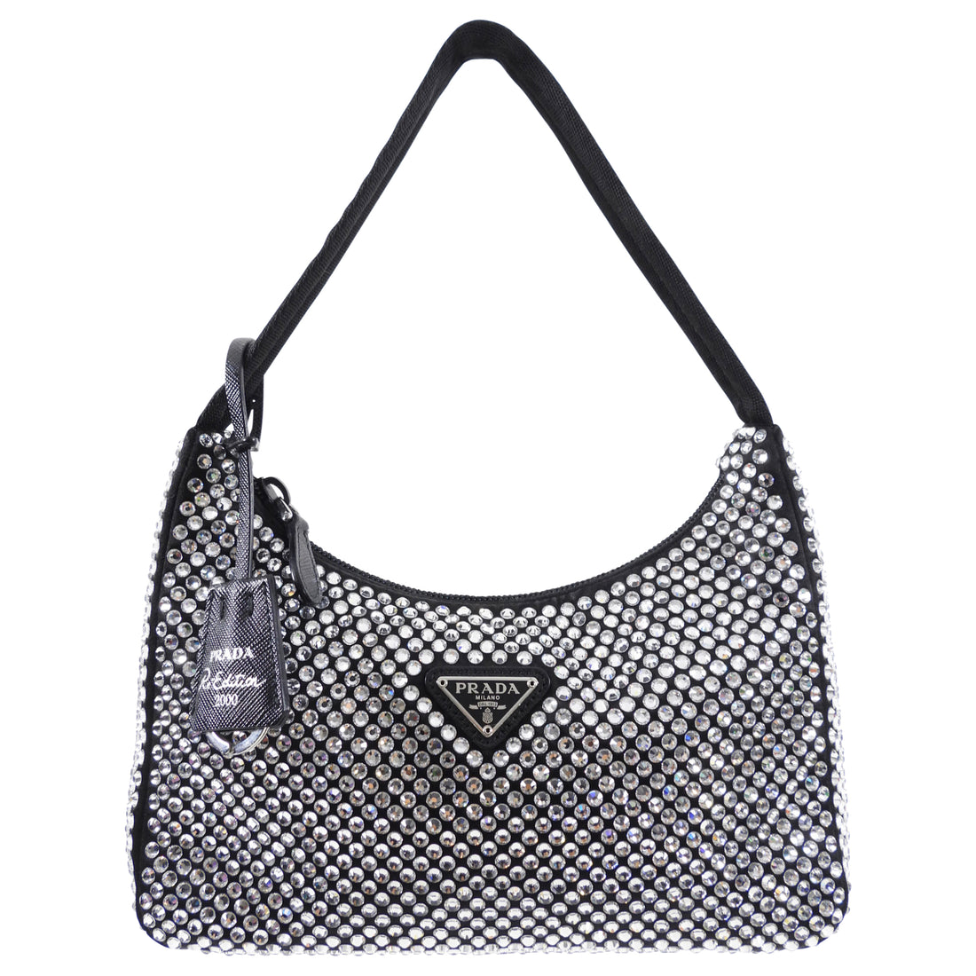 Prada Black and Clear Crystal Embellished Re-Edition Mini Hobo Bag