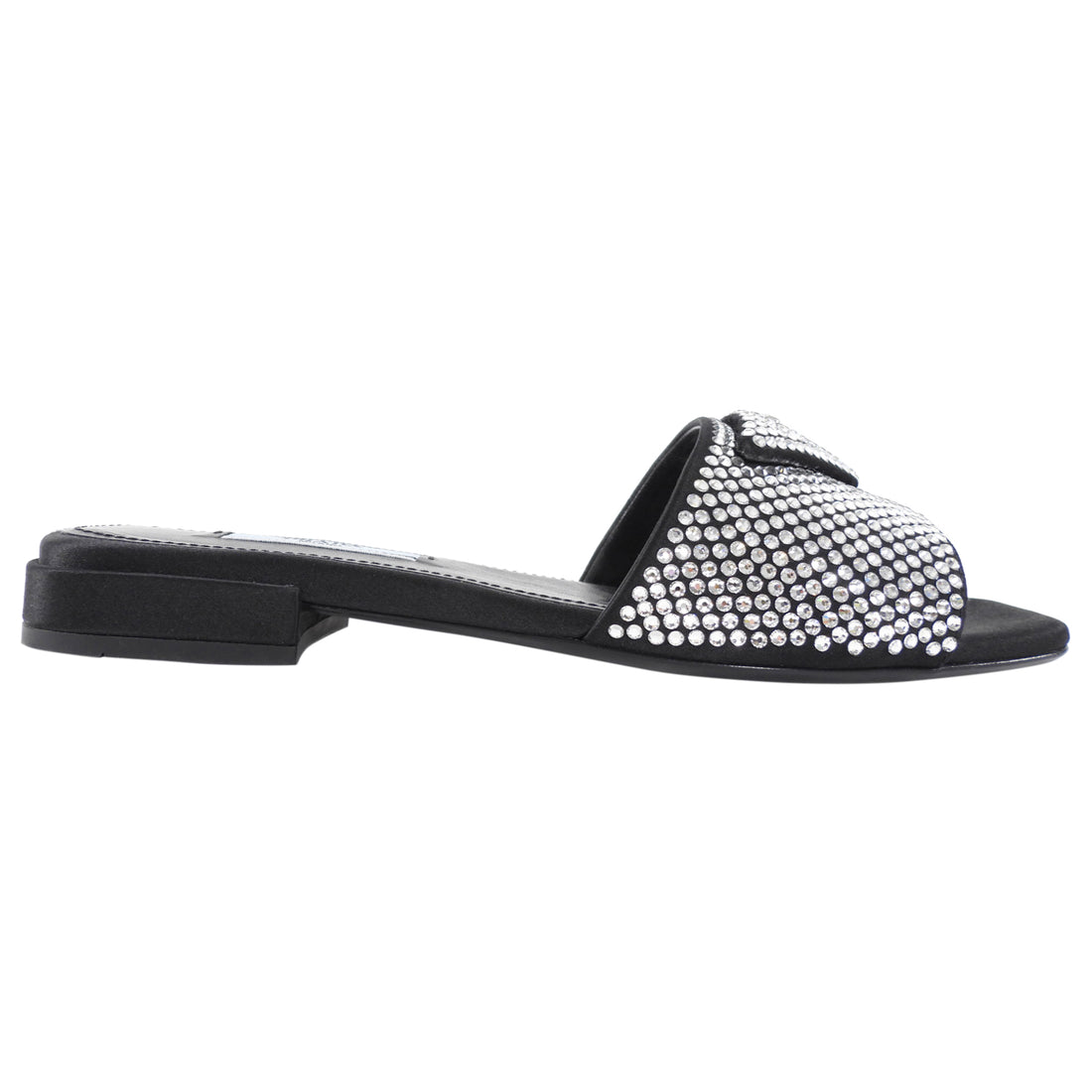 Prada Black Satin Crystal Strass Triangle Flat Sandal Shoes - 37