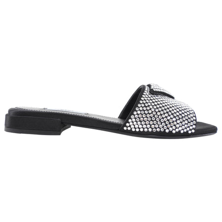 Prada Black Satin Crystal Strass Triangle Flat Sandal Shoes - 37