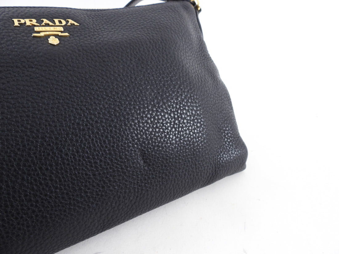 Prada Black Grained Daino Leather Flat Crossbody Bag