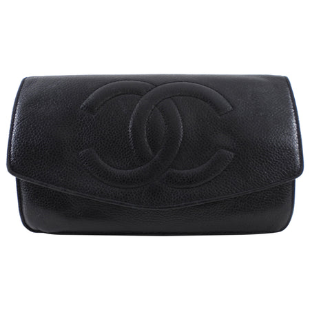 Chanel 1994 Vintage Timeless Classic Black Caviar Leather Wallet / Clutch