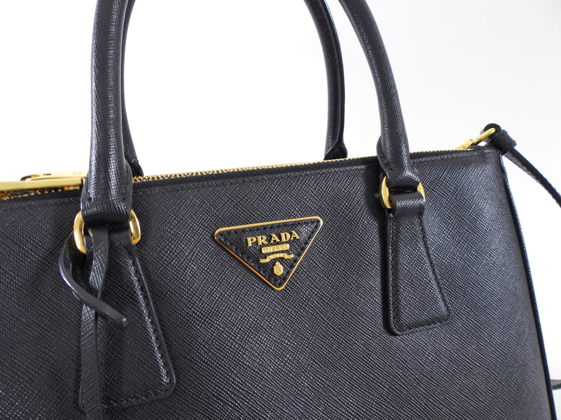 Prada Small Black Saffiano Leather Double Zip Galleria Tote Bag