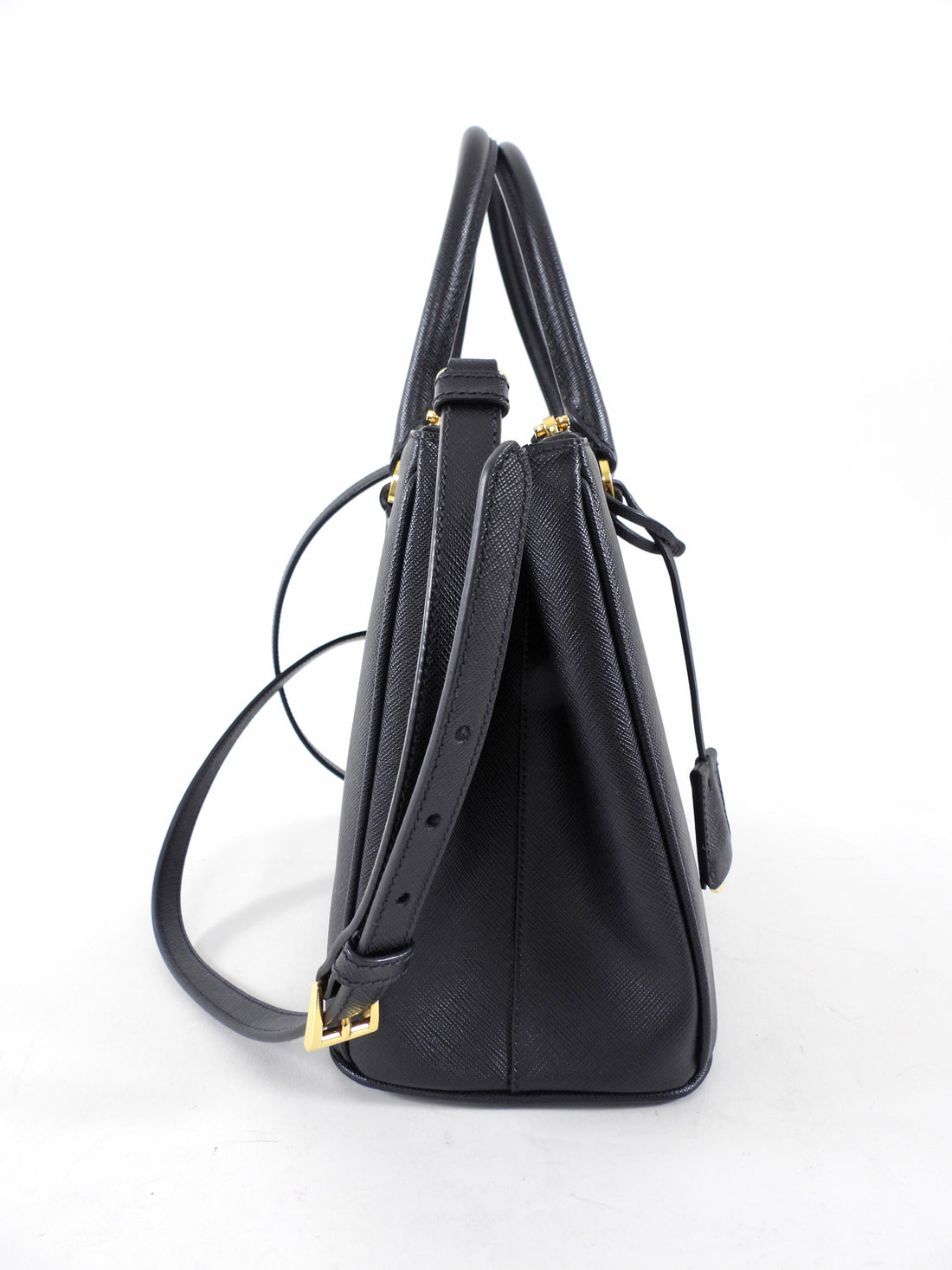 Prada Small Black Saffiano Leather Double Zip Galleria Tote Bag