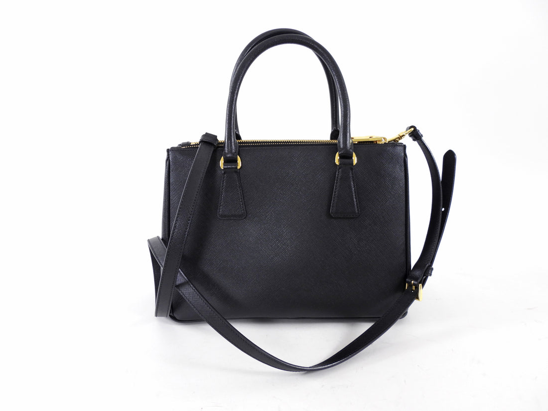 Prada Small Black Saffiano Leather Double Zip Galleria Tote Bag