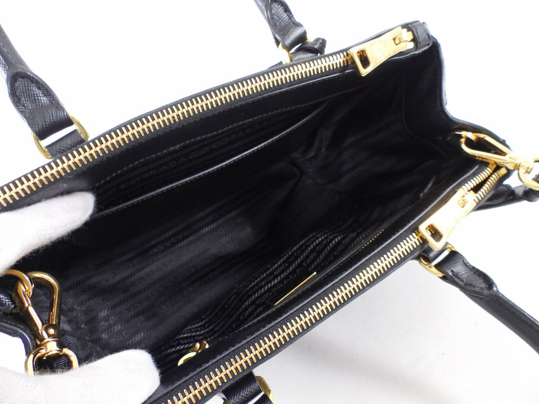 Prada Small Black Saffiano Leather Double Zip Galleria Tote Bag