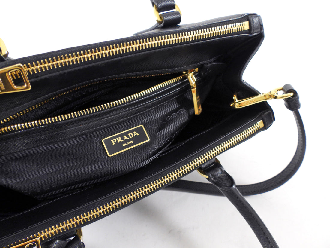 Prada Small Black Saffiano Leather Double Zip Galleria Tote Bag