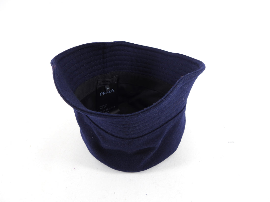 Prada Navy Loden Wool Logo Bucket Hat