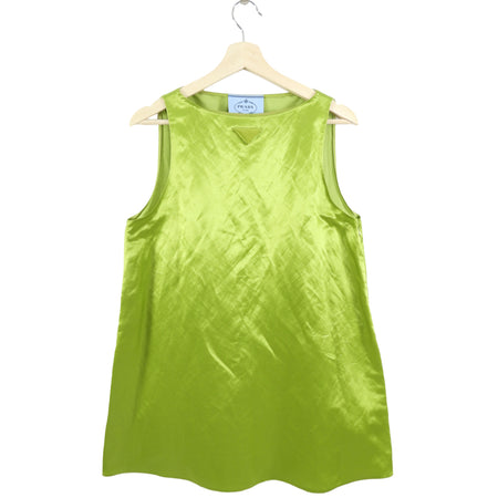 Prada Lime Green Satin Shift Dress with Triangle Logo - M (8)