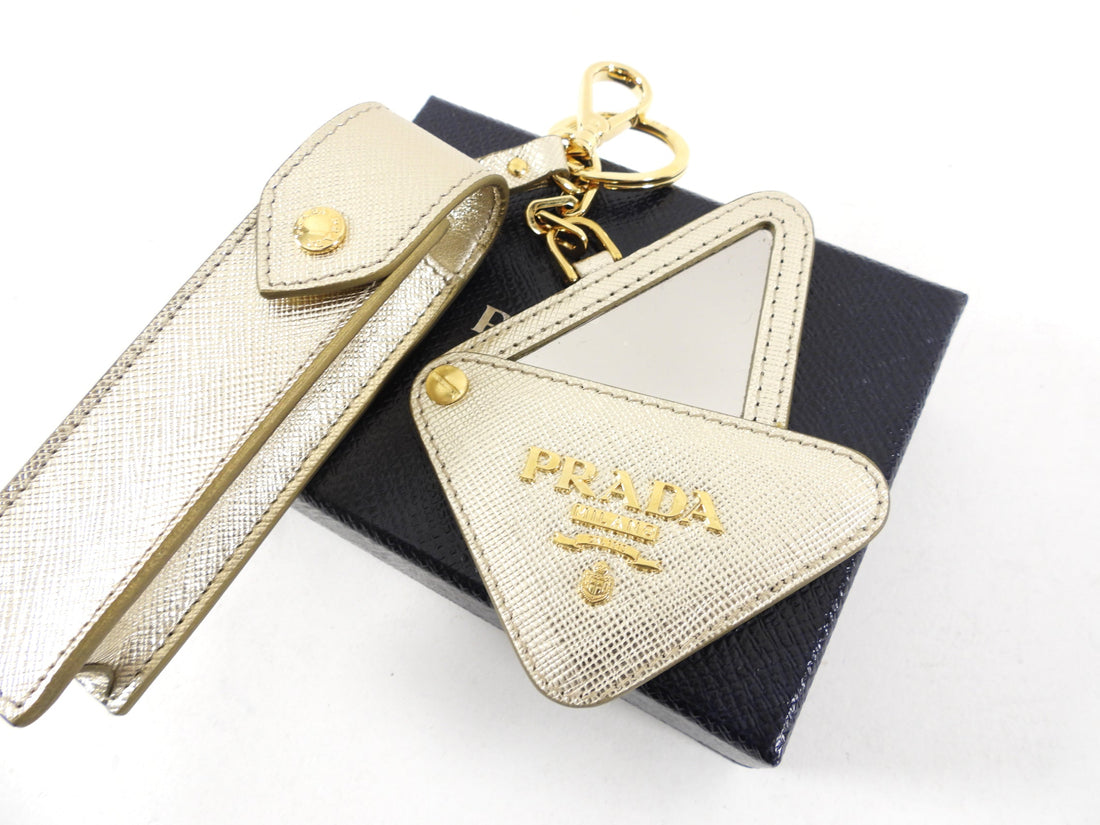 Prada Gold Saffiano Leather Bag Charm / Key Ring / Lipstick Holder