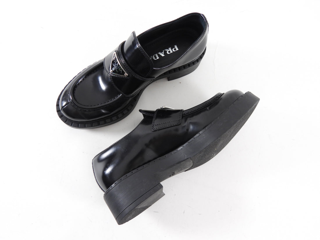 Prada Black Brushed Leather Loafers - 36 / 36.5