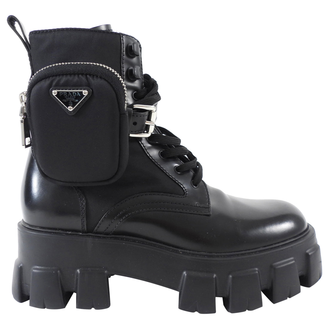 Prada Black Leather Re-Nylon Monolith Ankle Boot with Pouch - 37.5