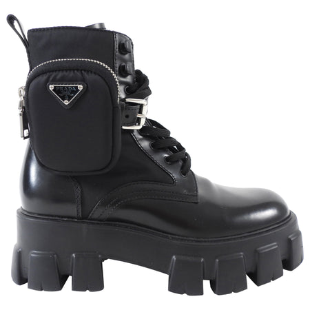 Prada Black Leather Re-Nylon Monolith Ankle Boot with Pouch - 37.5