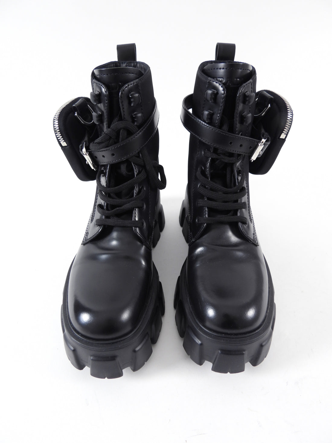 Prada Black Leather Re-Nylon Monolith Ankle Boot with Pouch - 37.5