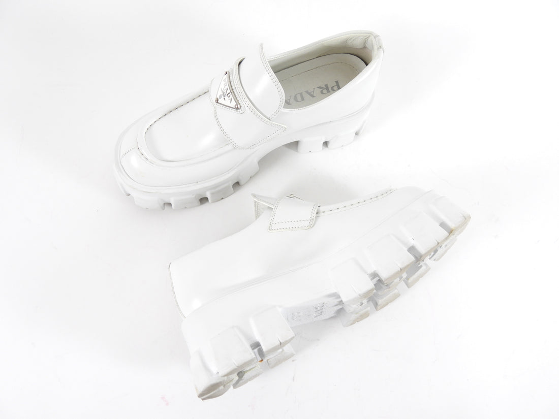 Prada White Leather Monolith Lug Sole Loafers - 38.5 / US 8.5