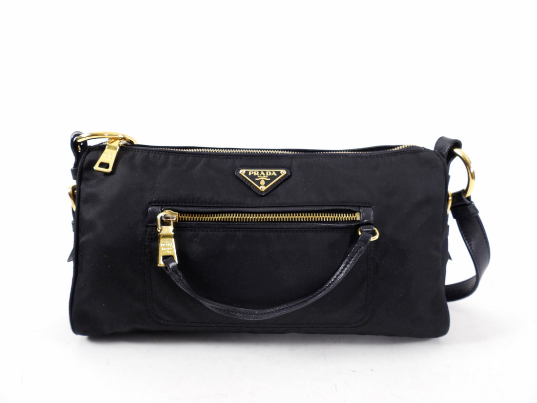 Prada Vintage Black Nylon and Goldtone Shoulder Bag