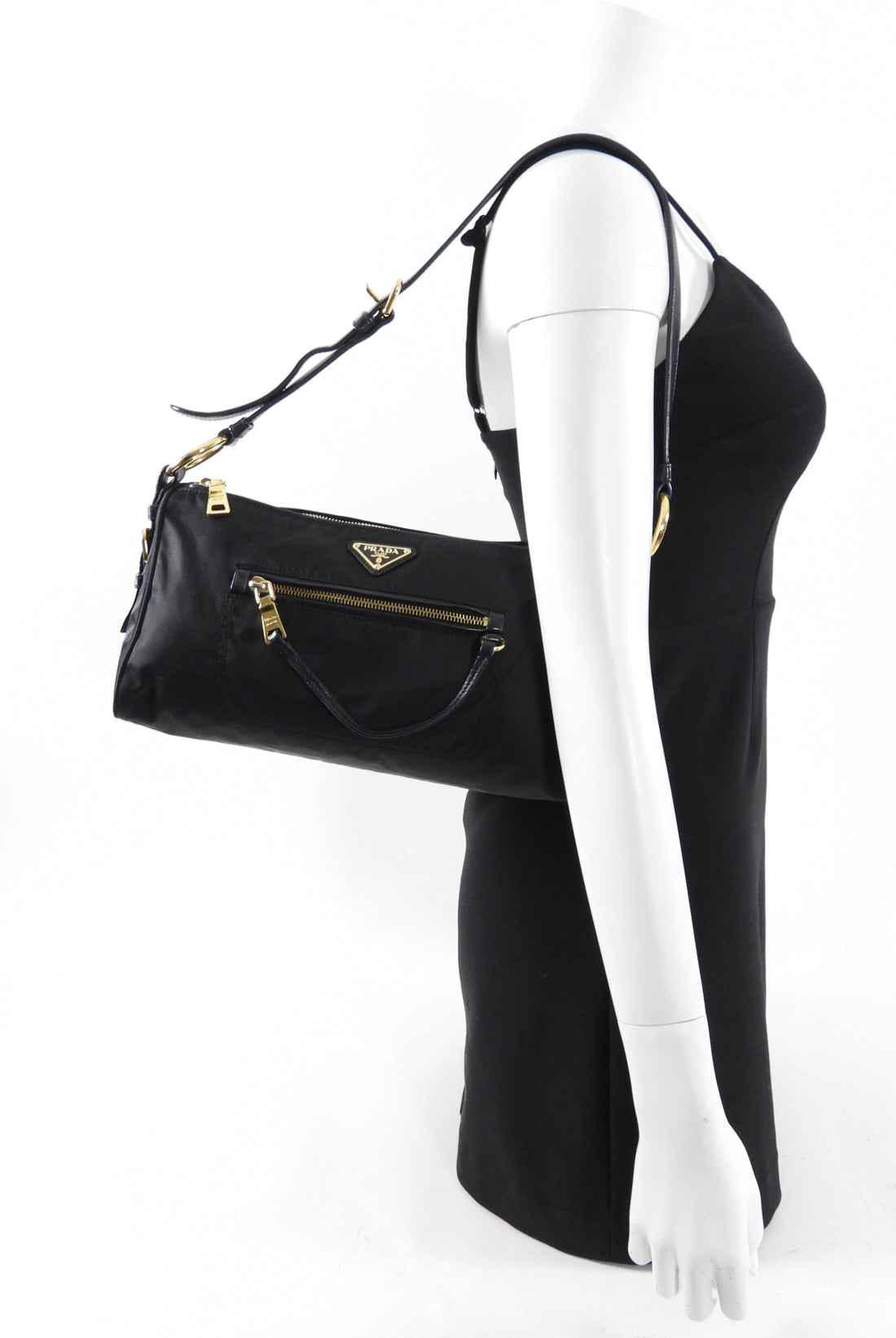 Prada Vintage Black Nylon and Goldtone Shoulder Bag