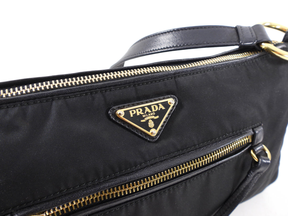 Prada Vintage Black Nylon and Goldtone Shoulder Bag