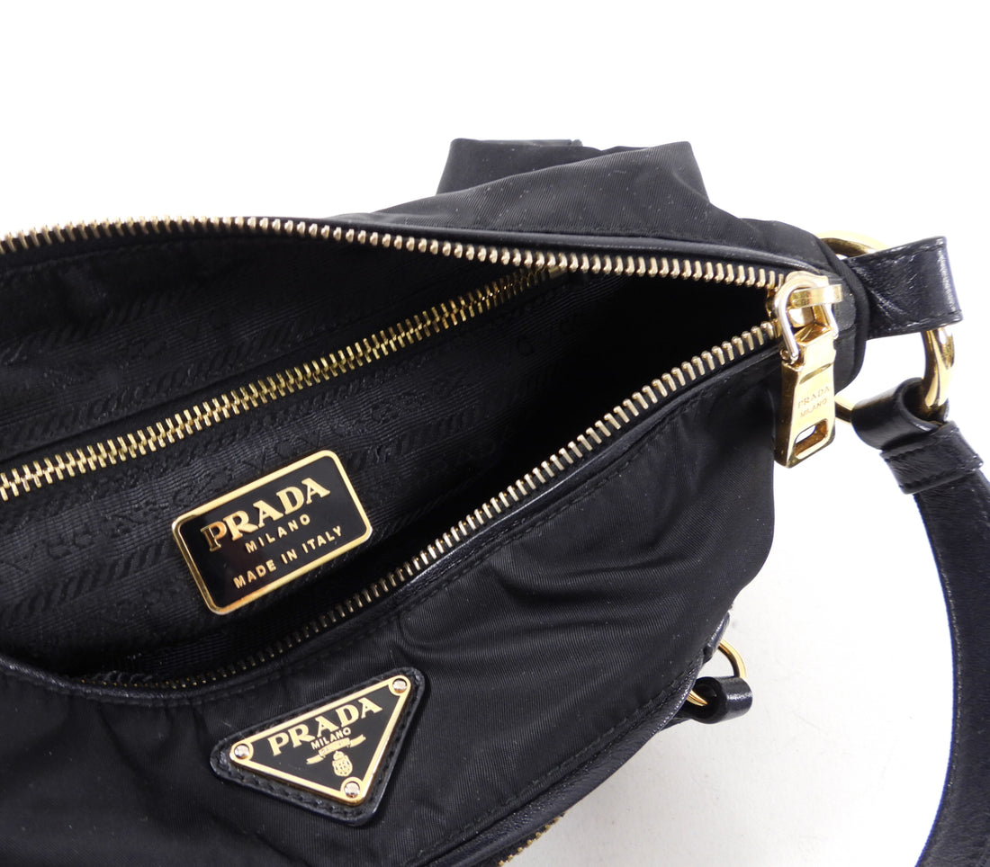 Prada Vintage Black Nylon and Goldtone Shoulder Bag