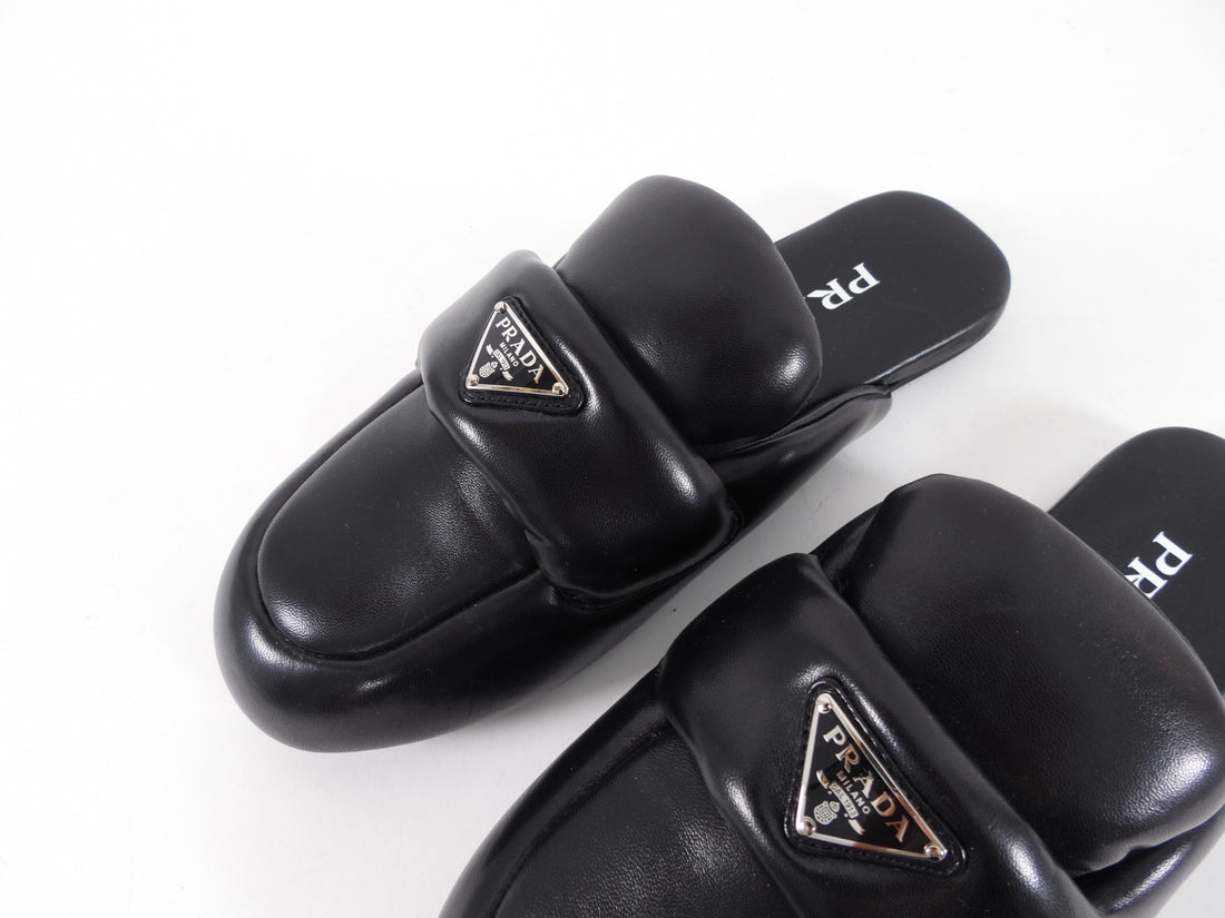 Prada Black Leather Puffy Flat Slide Slippers - 37