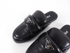 Prada Black Leather Puffy Flat Slide Slippers - 37