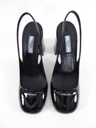 Prada Black Patent Leather Triangle Logo Block Heel Slingback Pumps - 38.5