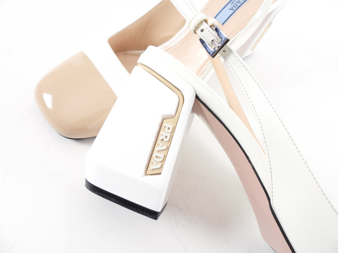 Prada Cap White and Beige Patent Cap Toe Block Heel Slingback - 40.5