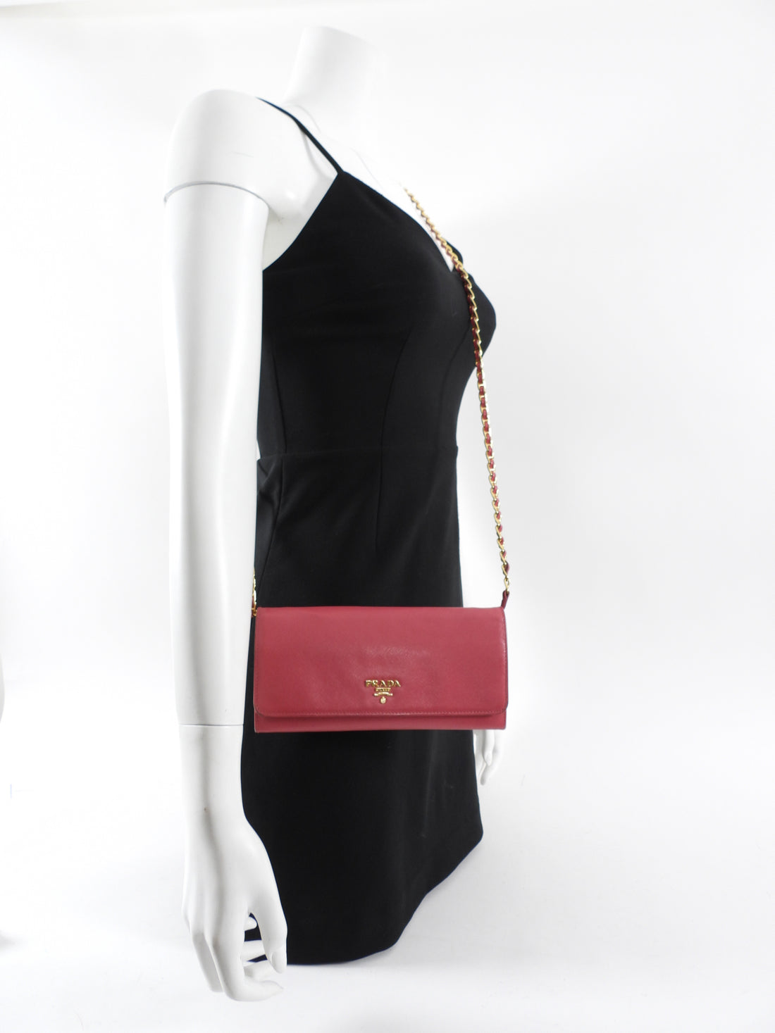 Prada Cherry Pink Saffiano Leather Wallet on Chain Crossbody Bag