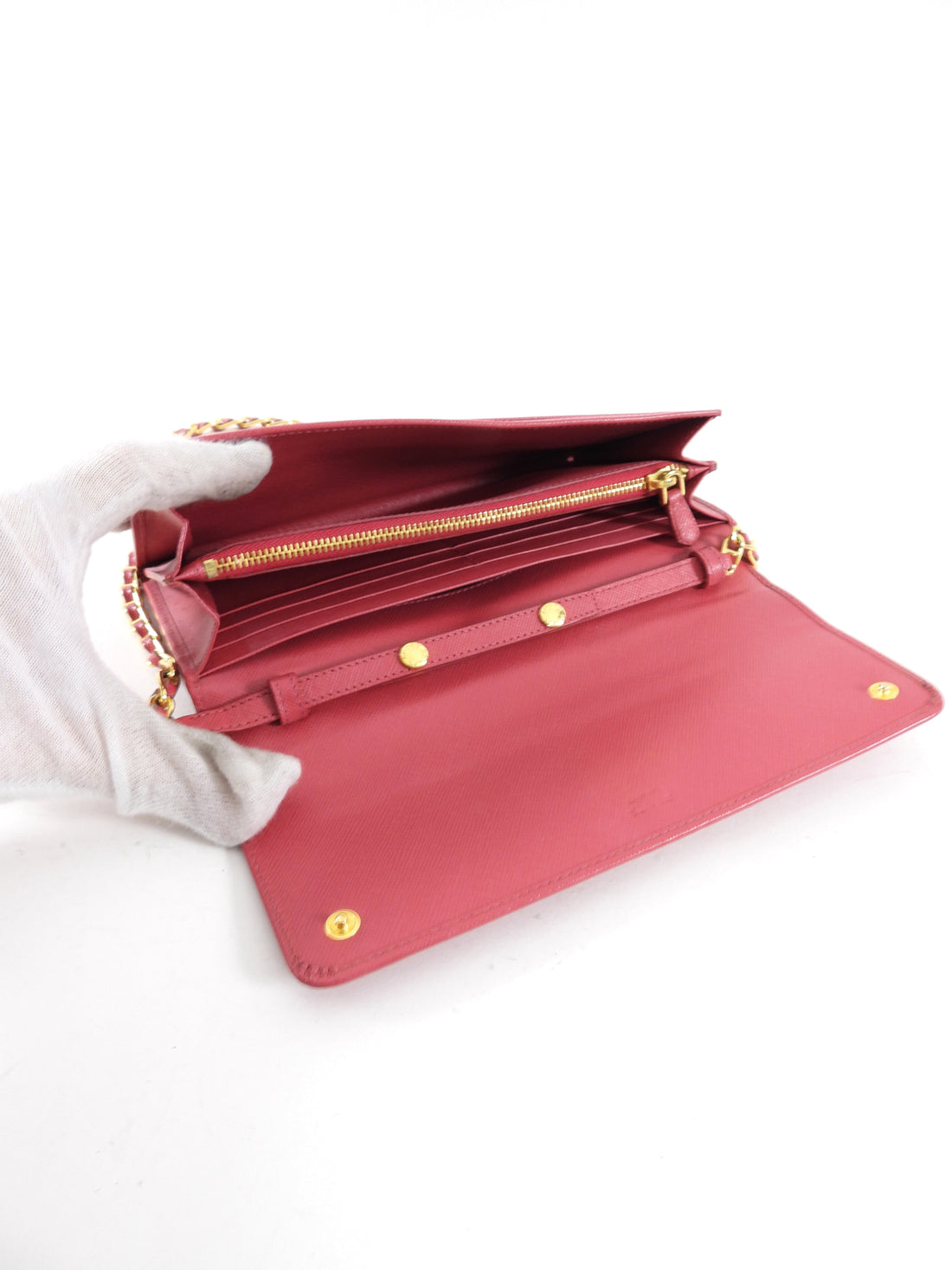 Prada Cherry Pink Saffiano Leather Wallet on Chain Crossbody Bag