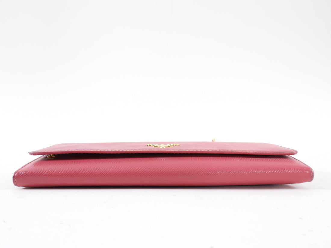Prada Cherry Pink Saffiano Leather Wallet on Chain Crossbody Bag