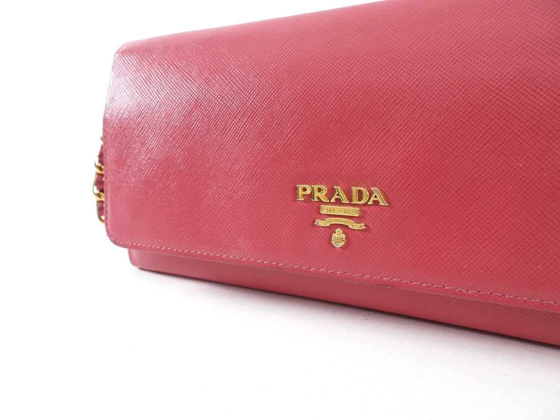 Prada Cherry Pink Saffiano Leather Wallet on Chain Crossbody Bag