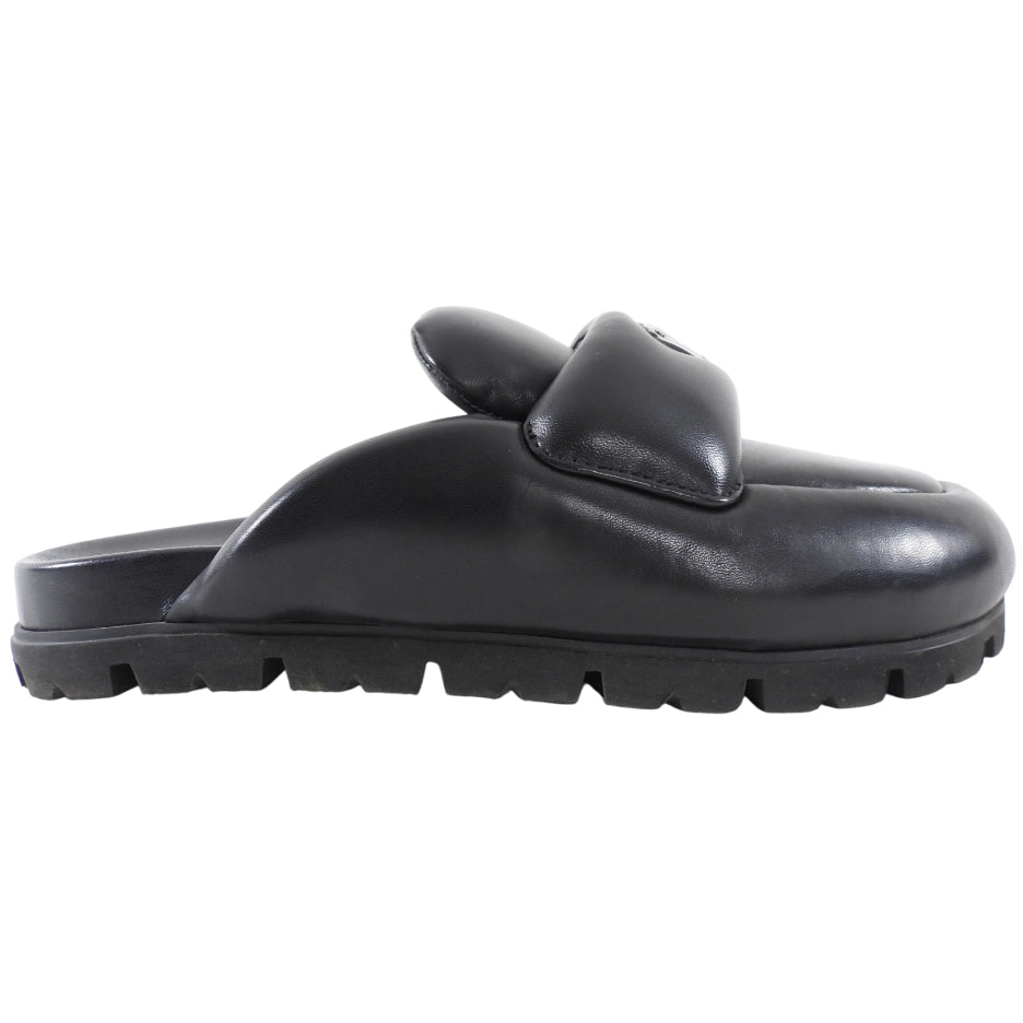 Prada Black Leather Triangle Logo Puffer Slide Mule Shoes - 36.5 / 37