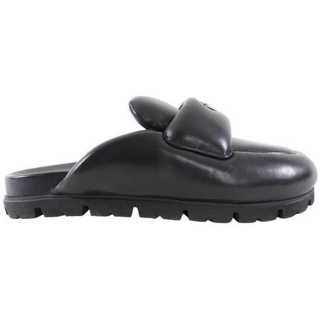 Prada Black Leather Triangle Logo Puffer Slide Mule Shoes - 36.5 / 37