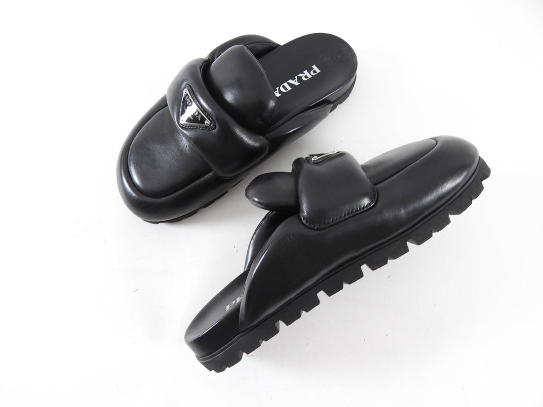 Prada Black Leather Triangle Logo Puffer Slide Mule Shoes - 36.5 / 37