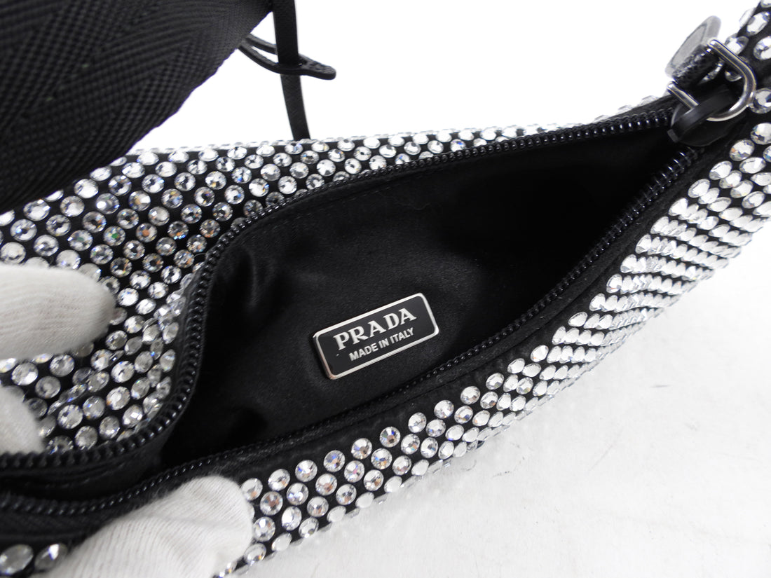 Prada Black and Clear Crystal Embellished Re-Edition Mini Hobo Bag